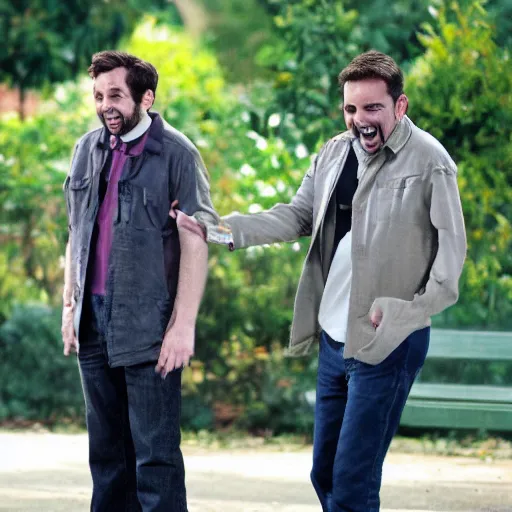 Image similar to Charlie Kelly and Michael Scott at the park, laughing and playing together, friendship, best friends