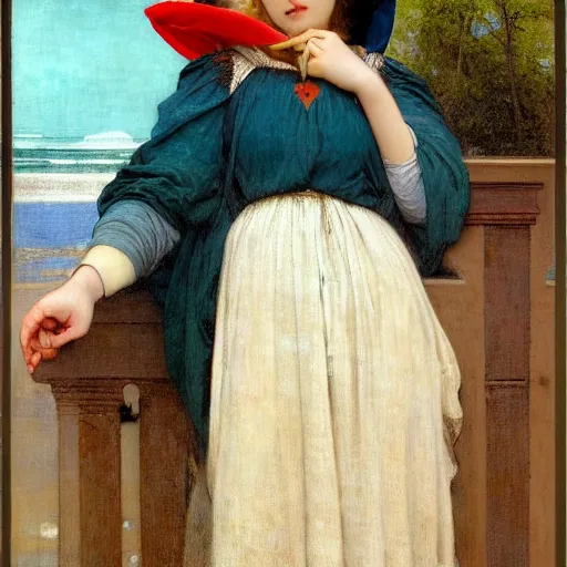 Image similar to A girl with jester hat and clothes on the front of a Balustrade with a beach on the background, major arcana clothes, by paul delaroche, alphonse mucha and arnold böcklin arnold böcklin hyperrealistic 8k, very detailed