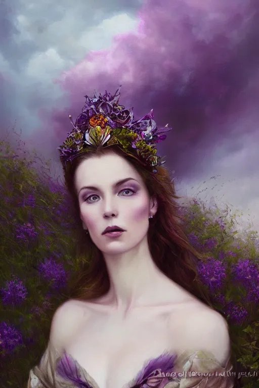 Prompt: closeup portrait fine art photo of the beauty catriona balfe, she has a crown of stunning flowers and dress of purple satin and gemstones, background full of stormy clouds, by peter mohrbacher