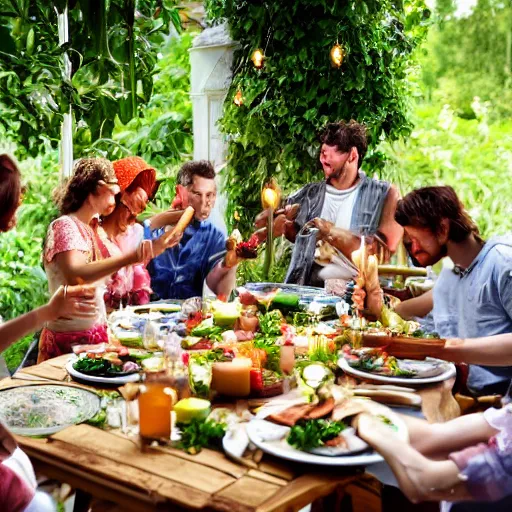 Image similar to a bohemian group of people performing rich meal by candlelight on the veranda among the greenery in summer