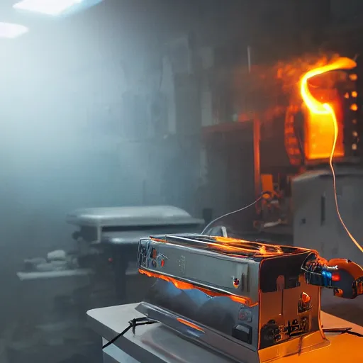 Image similar to toaster oven terminator robot, dark messy smoke - filled cluttered workshop, dark, dramatic lighting, orange tint, sparks, plasma charge, cinematic, highly detailed, sci - fi, futuristic, movie still