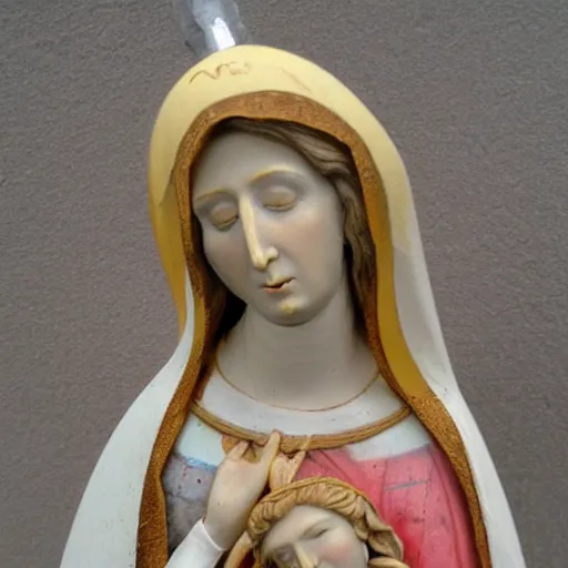 Prompt: holy roman chalkware virgin Mary our lady of sorrows antique painted sacred Catholic pearlescent coloring