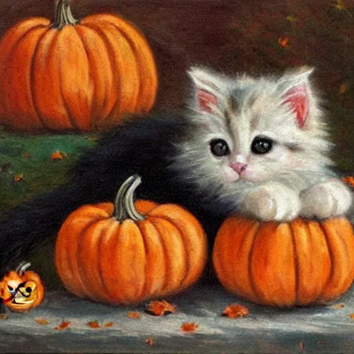 Prompt: a cute fluffy kitten amidst piles of pumpkins. halloween autumn fall art. beautiful painting by henriette ronner - knip