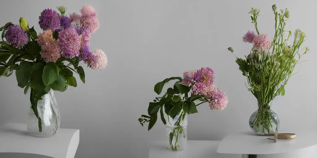 Prompt: a sqaure vase, glossy big flowers, modern studio light soft colour, backlight leaves