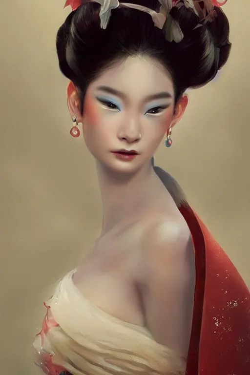 Prompt: geisha prima ballerina, gorgeous, ethereal, close-up portrait, intricate, elegant, volumetric lighting, scenery, digital painting, highly detailed, artstation, sharp focus, illustration, concept art, ruan jia, steve mccurry