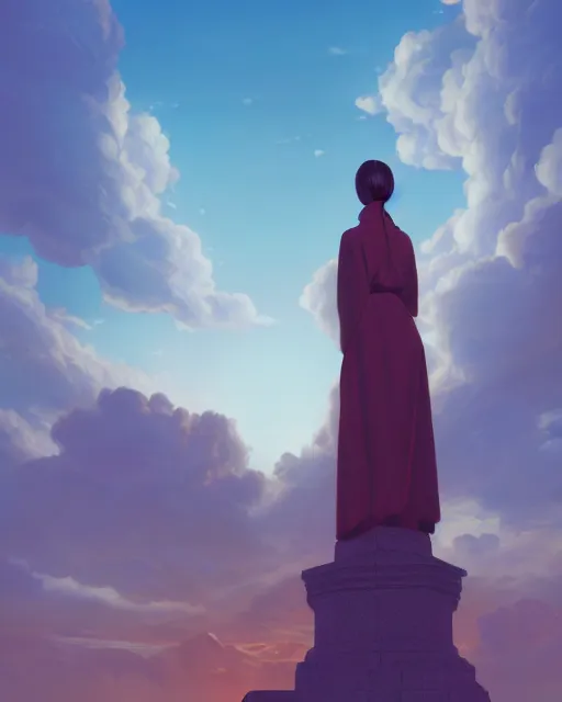 Image similar to a painting of a woman standing in front of a statue, a screenshot by stanley twardowicz, cgsociety, aestheticism, aesthetic, vaporwave, anime aesthetic