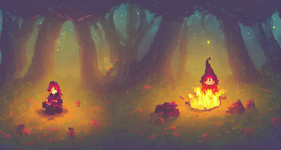 Image similar to Pixelart of a small cute witch sitting at a cozy bonfire in the forest meadow under starry sky, volumetric lighting, digital pixel art, pixiv, by Aenami