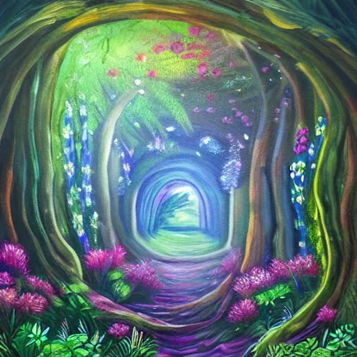 Prompt: secret hidden path in the forest leading to a portal to outerspace, prismatic weather, flowers, realistic oil painting