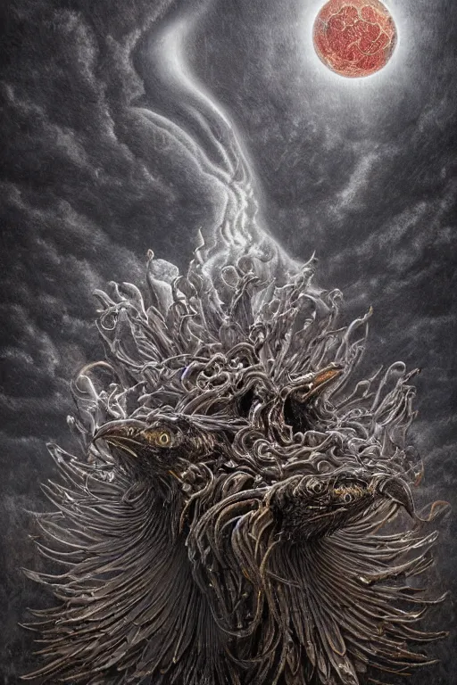 Image similar to Intricate stunning highly detailed raven by agostino arrivabene and Vladimir Kush, surreal metal sculpture, ultra realistic, Horror, dramatic lighting, full moon, blood moon, thick black swirling smoke tornado, burning fire embers