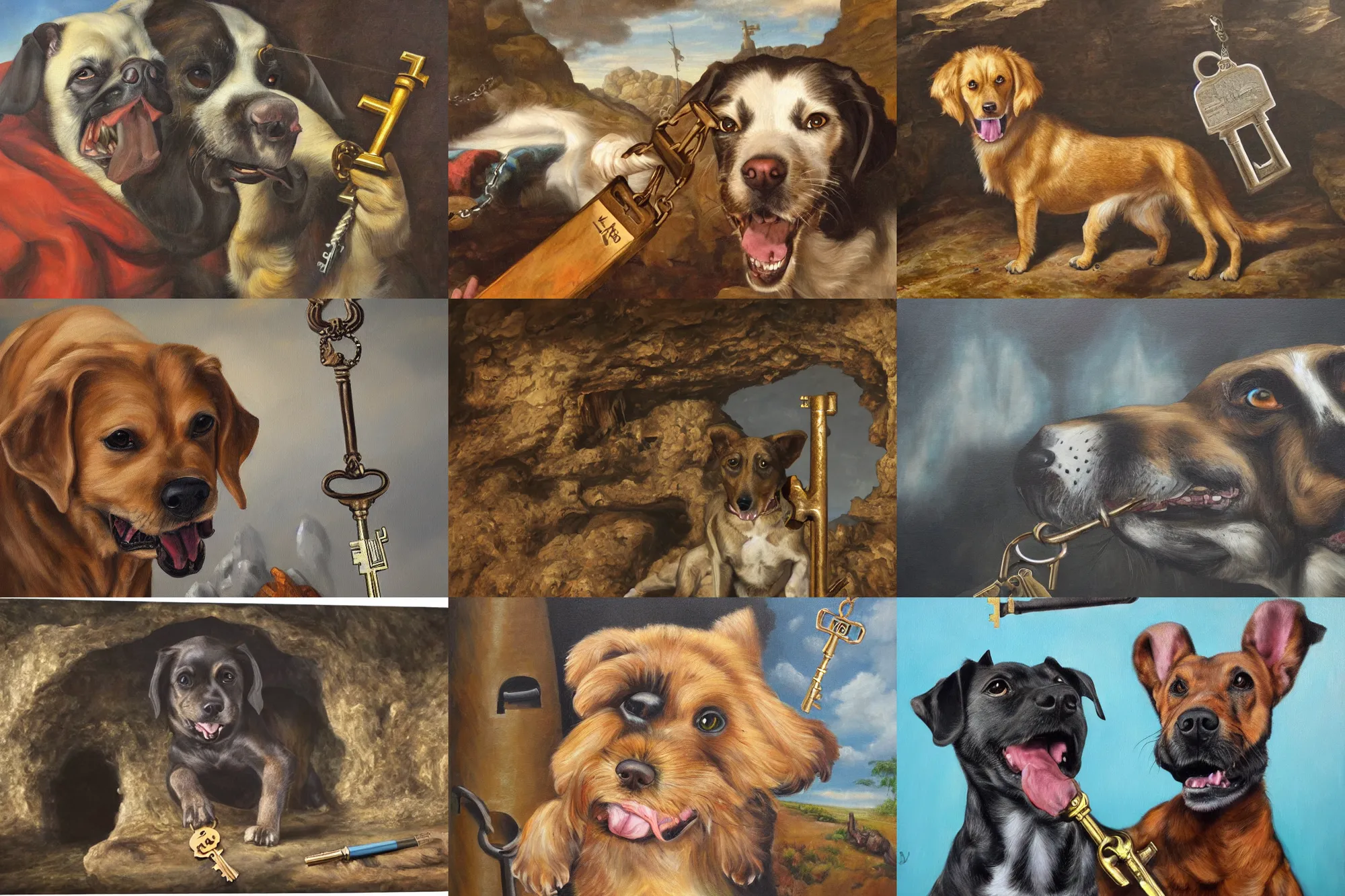 Prompt: ultra wide full length painting of a dog holding a giant key with mouth, cave prison, highly detailed, high resolution, oil in canvas