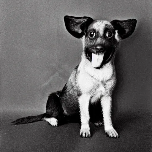 Prompt: little black dog, fluffy ears, 1 9 4 0 photo, vintage, cold war, picture, realistic, black and white, grain