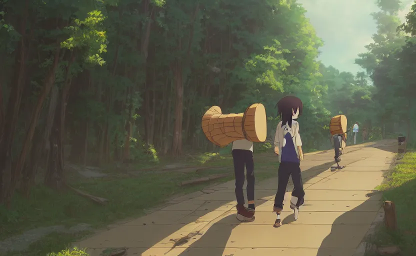 Image similar to carrying wooden logs, slice of life anime scene by Makoto Shinkai, digital art, 4k