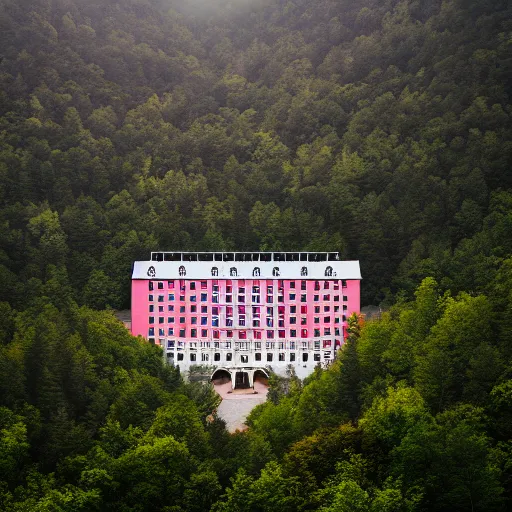 Image similar to Symmetric Wes Anderson film still in the Great Smoky Mountains without people. Establishing shot. Architecture. 8k resolution. Pastel. Sharp. Whimsical. Symmetry. Stunning.