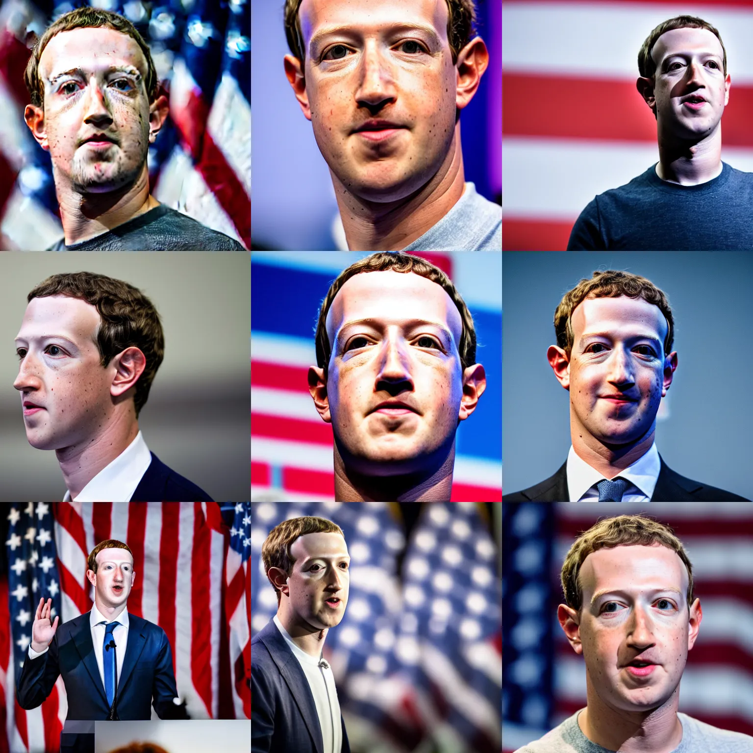 Prompt: headshot of Mark Zuckerberg as the president of the united states at a campaign event, EOS-1D, f/1.4, ISO 200, 1/160s, 8K, RAW, unedited, symmetrical balance, in-frame, Photoshop, Nvidia, Topaz AI