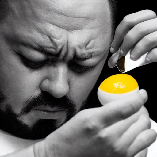 Image similar to “A portrait of a man furious and red faced glaring at his fried egg because the yolk broke, highly detailed, award winning, studio lighting”