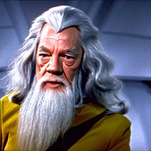 Image similar to A still of Gandalf as Captain Kirk on Star Trek, sharp focus, high quality, 4k