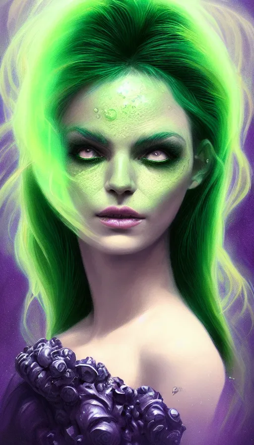 Image similar to portrait of magical green goblin female , dark fantasy, gradient green black, dreamy and ethereal, (colour) eyes, one head, golden ratio, peaceful expression, ornate frilly dress, fantasy, intricate, elegant, rainbow bubbles, highly detailed, digital painting, artstation, concept art, smooth,b sharp focus, illustration, art by artgerm and greg rutkowski and alphonse mucha
