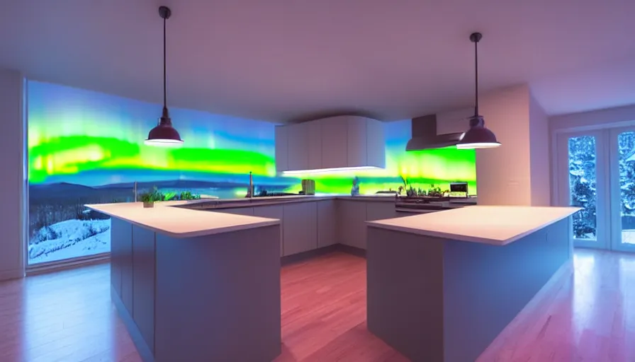 Prompt: a photo of aurora borealis! localized entirely within a kitchen!!!, color photography, high quality, volumetric light, beautiful, 4 k