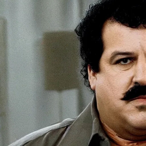 Prompt: film still of pablo escobar as max payne in the upcoming film, smoke, office scene, bloody, corpses