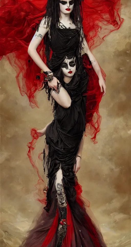 Image similar to one person only. One head only. Long flowing dress. Oversized flowing swirling dress. Solomon Joseph Solomon and Richard Schmid and Jeremy Lipking victorian genre painting portrait painting of a young beautiful woman punk rock goth with punk rock haircut in fantasy costume, red background