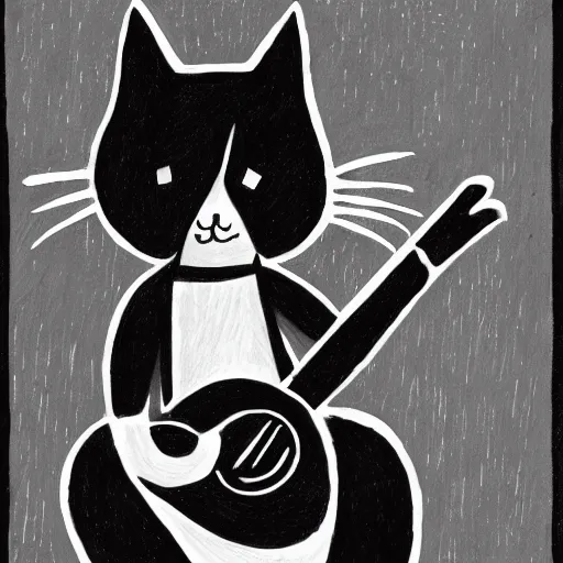 Prompt: a drawing of a cat playing the guitar