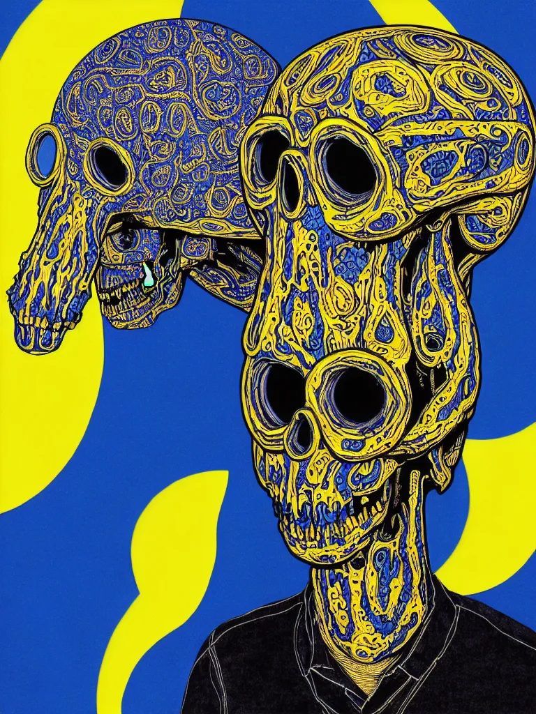 Image similar to a self portrait by the artist kelbv, in distinct hyper detailed style with tubes coming from eyes, and hollowed skull filled with blue and yellow paisley ellipsoids, perfect studio lighting against a backdrop of a still from the movie squid asthma.