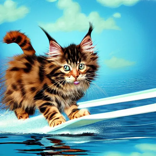 Prompt: Maine coon kitten is a Water skiing champion, action shot. Digital art