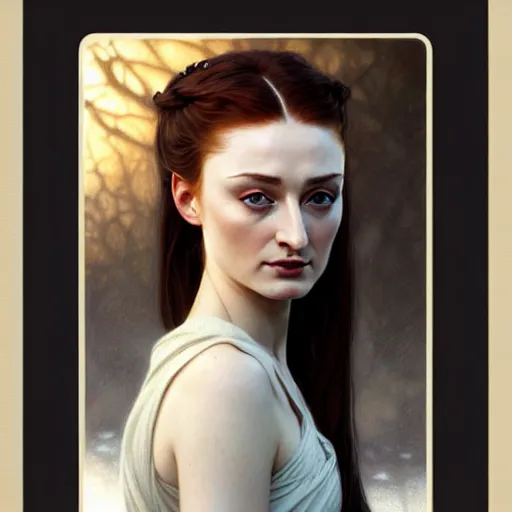 Image similar to portrait of a beautiful sansa stark, pale skin, female with long black hair, dark, piercing eyes, gentle expression, elegant clothing, photorealistic, highly detailed, artstation, smooth, sharp focus, art by michael whelan, artgerm, greg rutkowski and alphonse mucha