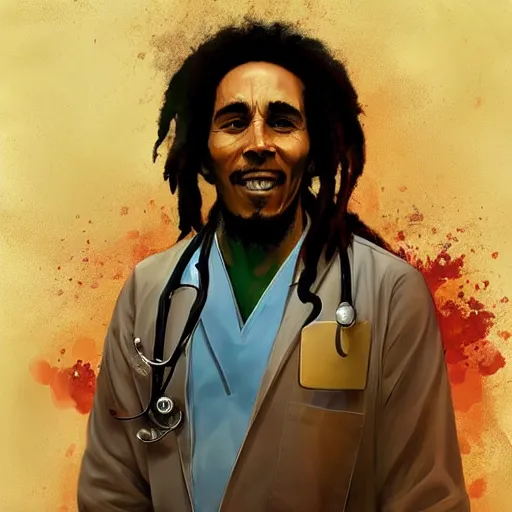 Prompt: bob marley in scrubs as a doctor, by greg rutkowski, great colors, trending on artstation