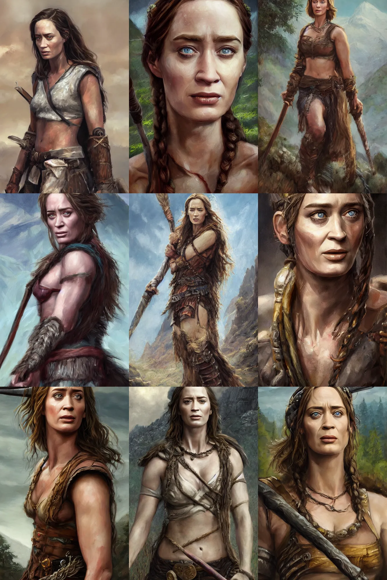 Prompt: a full body high detail fantasy portrait oil painting illustration of emily blunt as a beautiful young rugged stoic barbarian woman by justin sweet with face and body clearly visible, in a scenic background, pupils visible, realistic proportions, d & d, rpg, forgotten realms, artstation trending, high quality, sombre mood, artstation trending, muted colours, entire person visible!