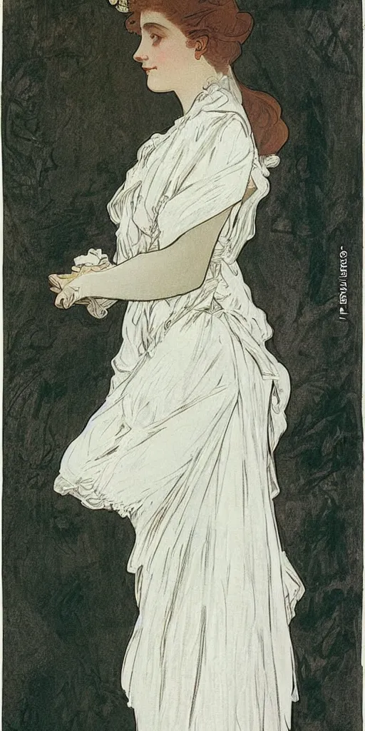 Image similar to a young edwardian woman wearing a white blouse and a grey skirt, in the style of mucha