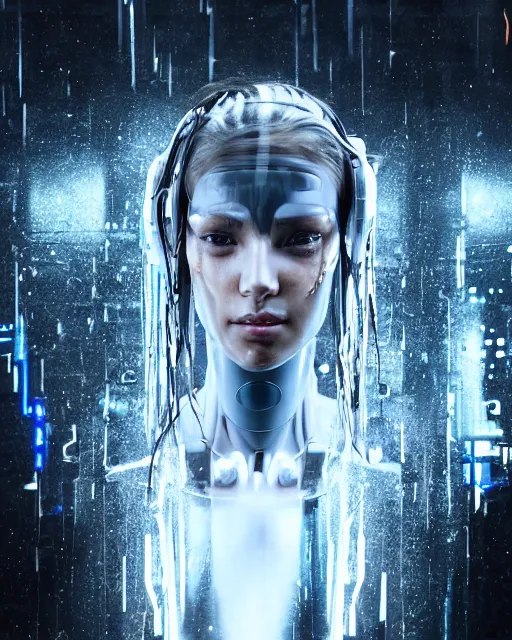 Image similar to photo of female dancer as a cyberpunk mecha humanoid robotic head shoulder parts with straight bright led lights, under a waterfall, wet skin with water dripping down face, photorealism, ultra - realistic and detailed, 8 k