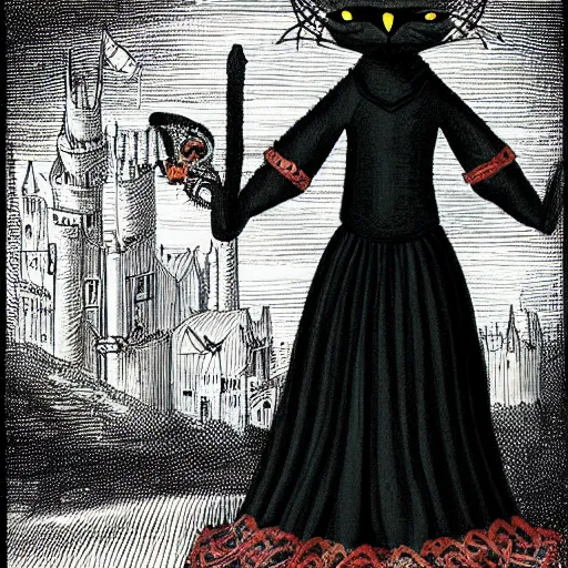 Image similar to anthromorphic black cat dressed in medieval princess gown with crown