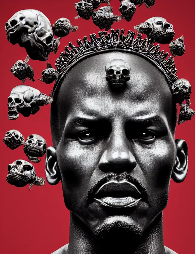 Prompt: symmetrical, centered, zbrush sculpt of michael jordan close - up portrait with crown made of skulls. phoenix betta fish, phoenix, bioluminiscent creature, super intricate ornaments artwork by tooth wu and wlop and alena aenami and greg rutkowski