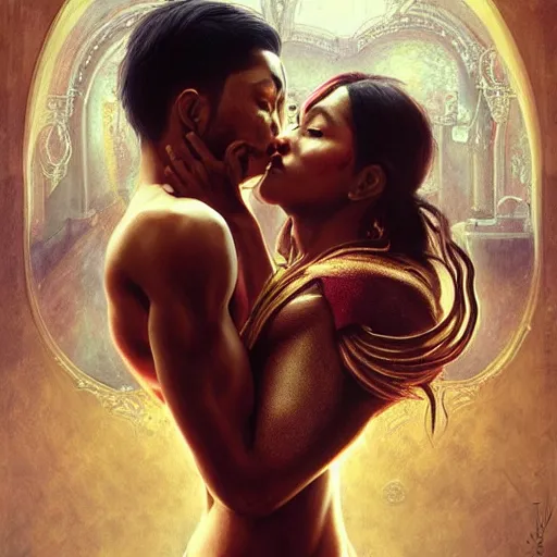 Image similar to portrait painting of dark muscular nepali couple kissing, ultra realistic, concept art, intricate details, eerie, highly detailed, photorealistic, octane render, 8 k, unreal engine. art by artgerm and greg rutkowski and alphonse mucha