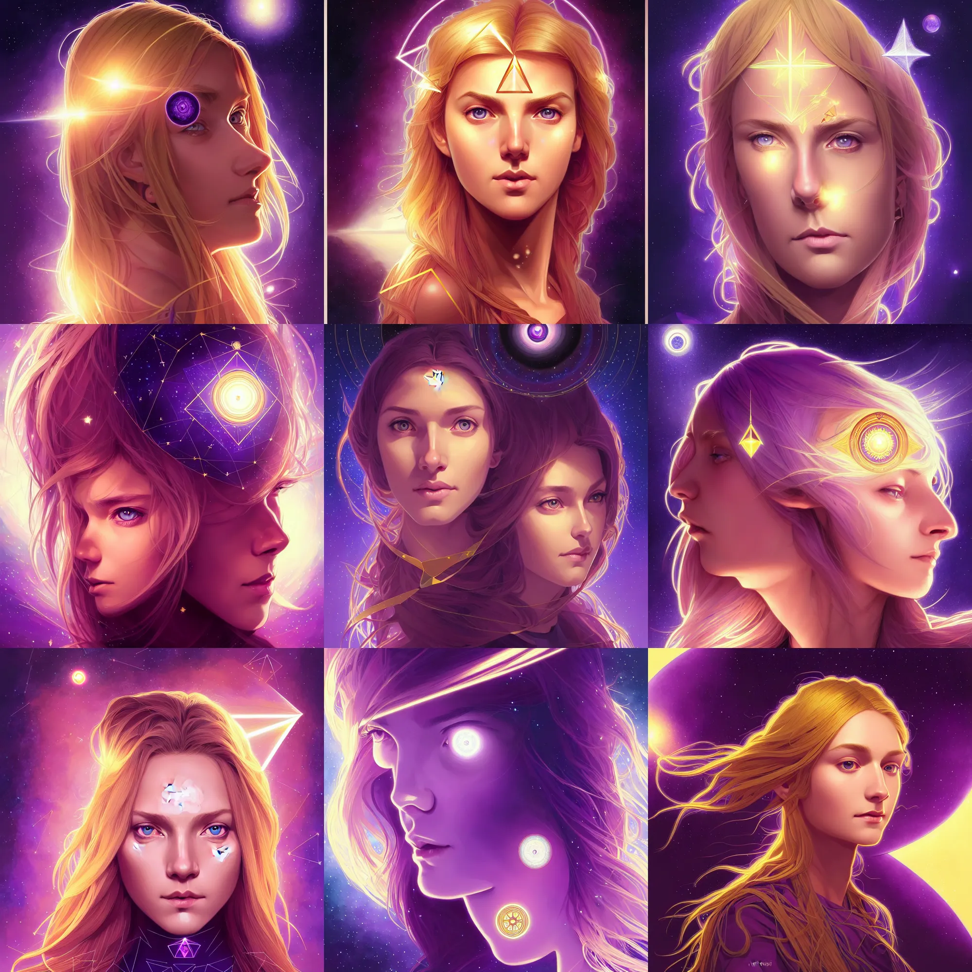 Prompt: centered head and shoulders portrait of a gallent golden haired girl with open purple third eye chakra, geometric third eye triangle, sci - fi face, space background, breathtaking stars, elegant, highly detailed, digital painting, artstation, concept art, smooth, sharp focus, illustration, anime asthetic, art by artgerm and greg rutkowski and alphonse mucha