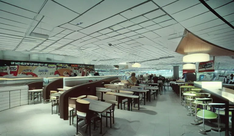 Image similar to The interior of a McDonalds designed by Zaha Hadid, 35mm film, long shot