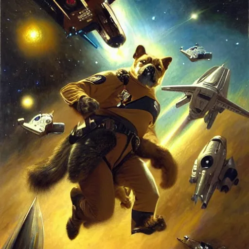 Image similar to a portrait of a manly canine sterfleet officer, star trek the next generation, in front of a console, space battle. highly detailed painting by gaston bussiere, craig mullins, j. c. leyendecker, furry