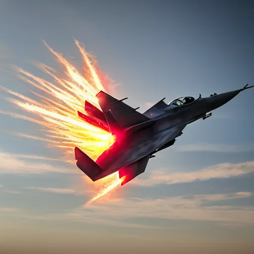 Image similar to cinematic areal shot of a fighter jet exploding from the energy wave