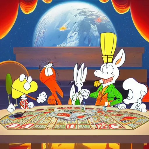 Image similar to a highly detailed vector picture of bugs bunny and captain crunch and snoopy and bender playing poker, art by dan mumford and yusuke murata and makoto shinkai and ross tran, cosmic, heavenly, god rays, intricate detail, cinematic, 8 k, cel shaded, unreal engine, featured on artstation, pixiv