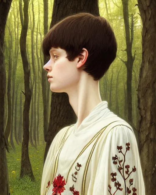 Image similar to symmetry portrait of welsh brunette student in mans tunic, embroidery, trees, tomboy, short hair, intricate forest background, intricate, elegant, highly detailed, digital painting, artstation, concept art, smooth, sharp focus, illustration, art by artgerm and greg rutkowski and fra angelico and alphons mucha