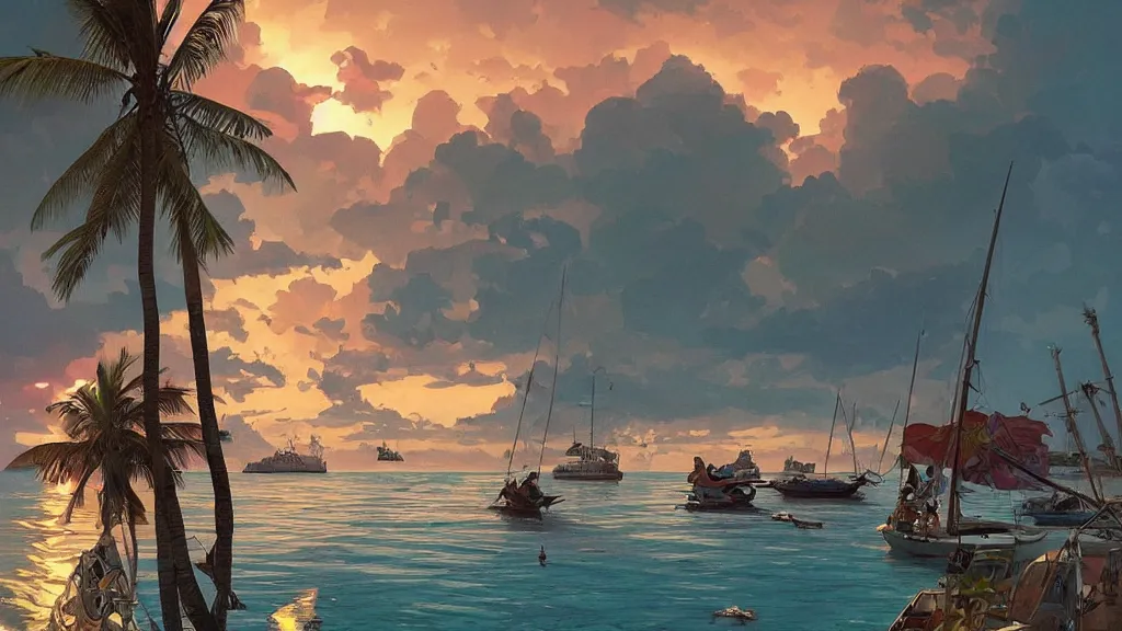 Prompt: sunset on caraibes, some boats, a few birds in the sky, sharp focus, illustration, paisible night lighting, incredible art by artgerm and greg rutkowski and alphonse mucha and simon stalenhag