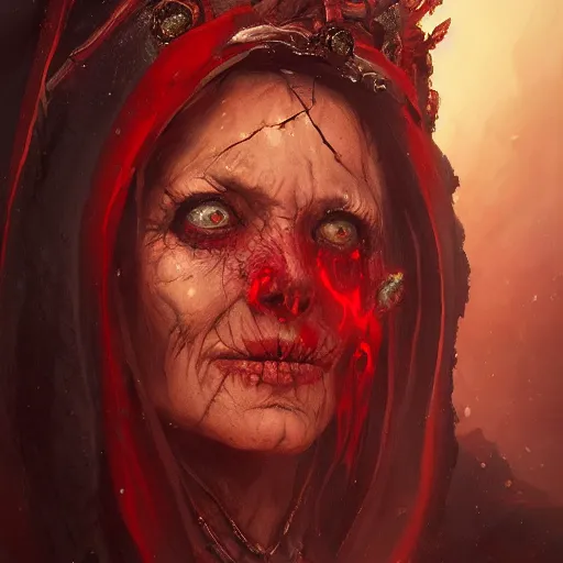 Image similar to a beautiful portrait of an ancient elderly necromancer queen, embers, skeletal, red-fabric, red-eyes, by Greg Rutkowski and Raymond Swanland, Trending on Artstation, ultra realistic digital art