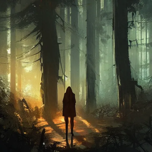 Image similar to concept art by greg rutkowski, a very tall and slender young man walking with a very tall and slender woman through a forest of giant trees, dark atmosphere, surrounded by fireflies, detailed portraits, disturbing atmosphere, scifi, digital painting, artstation, concept art, smooth, sharp foccus ilustration, artstation hq