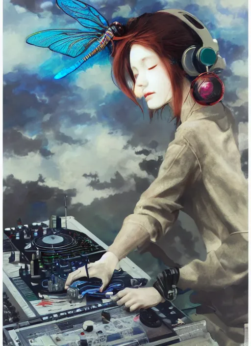 Prompt: surreal gouache painting, by yoshitaka amano, by ruan jia, by Conrad roset, by good smile company, detailed anime 3d render of a magical Dragonfly flying on a DJ Mixer, deck, mpc, portrait, cgsociety, artstation, rococo mechanical and electronic, dieselpunk atmosphere