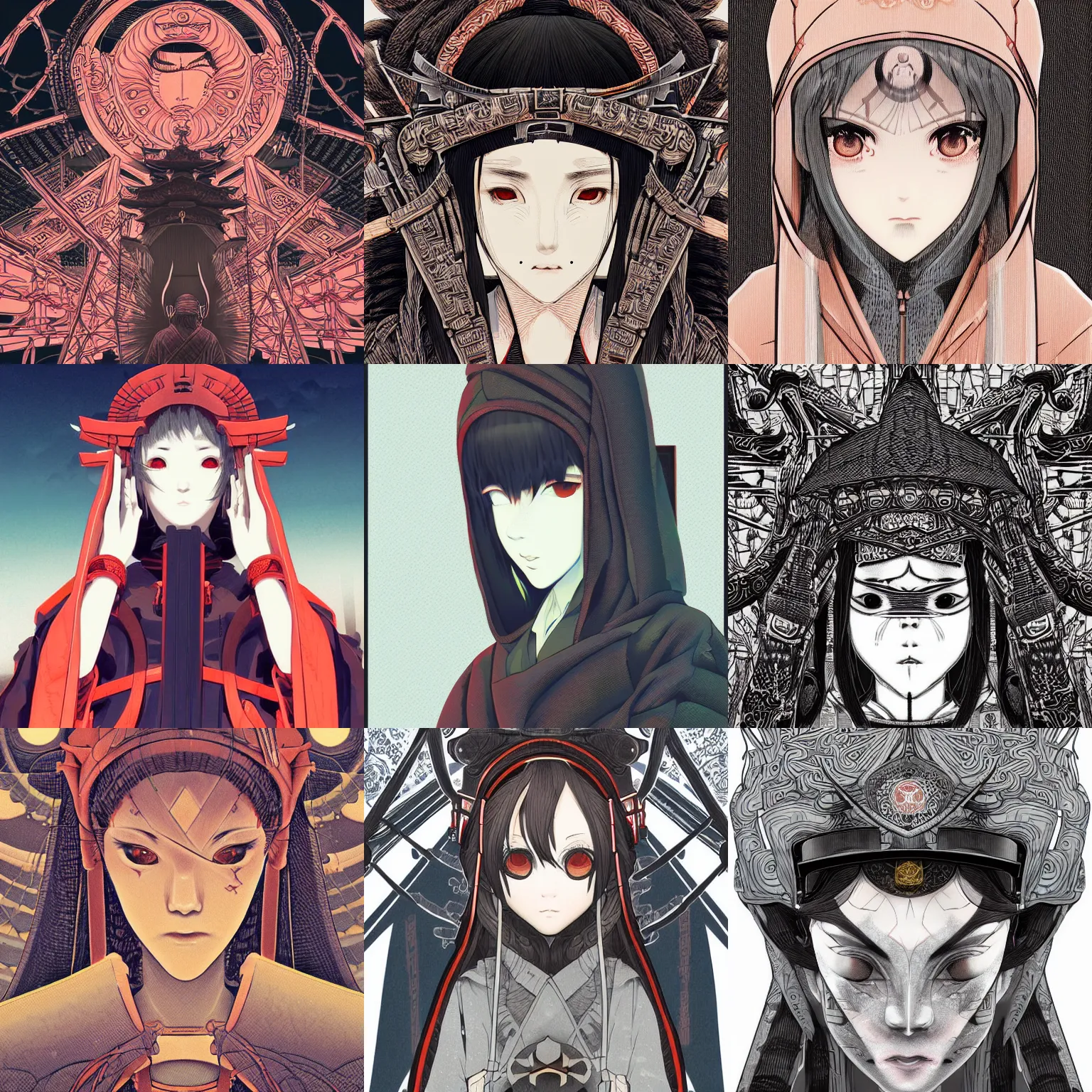 Prompt: techwear occultist, torii, shrine, inari shrine, miko, beautiful, detailed symmetrical close up portrait, intricate complexity, in the style of kyoto animation key visuals and takato yamamoto, artgerm, cel shaded