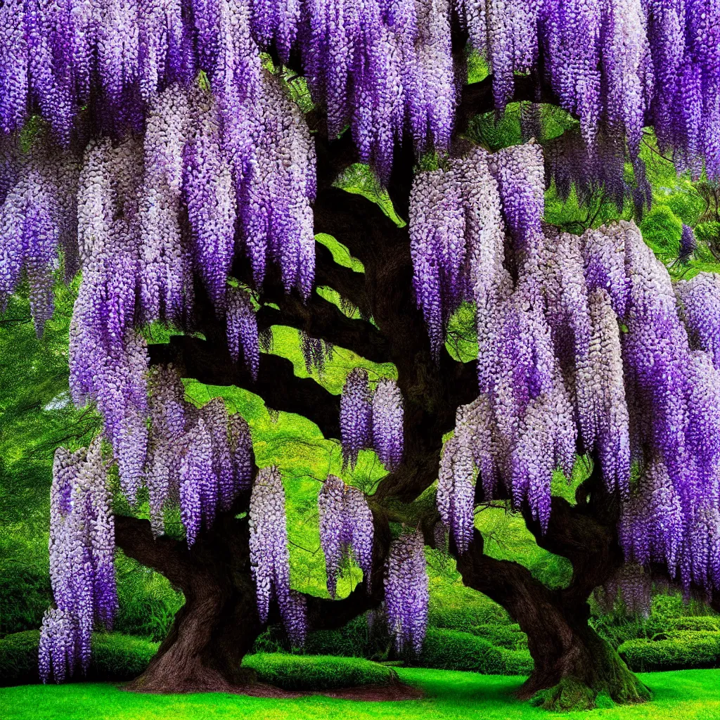 Image similar to full shot of wisteria tree on a black background. backlit. muted colors. fantasy magic style. highly detailed 8 k. intricate. lifelike. epic. movie poster. soft light. sony a 7 r iv 5 5 mm. cinematic post - processing