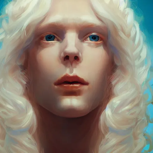 Image similar to a portrait of a beautiful androgynous blond man, albino pale white skin and long fluffy curly blond hair, Center parted curtain bangs, close up view, head and upper body, looking upward, fullface, light from above, by Peter Mohrbacher, trending on artstation, 8k