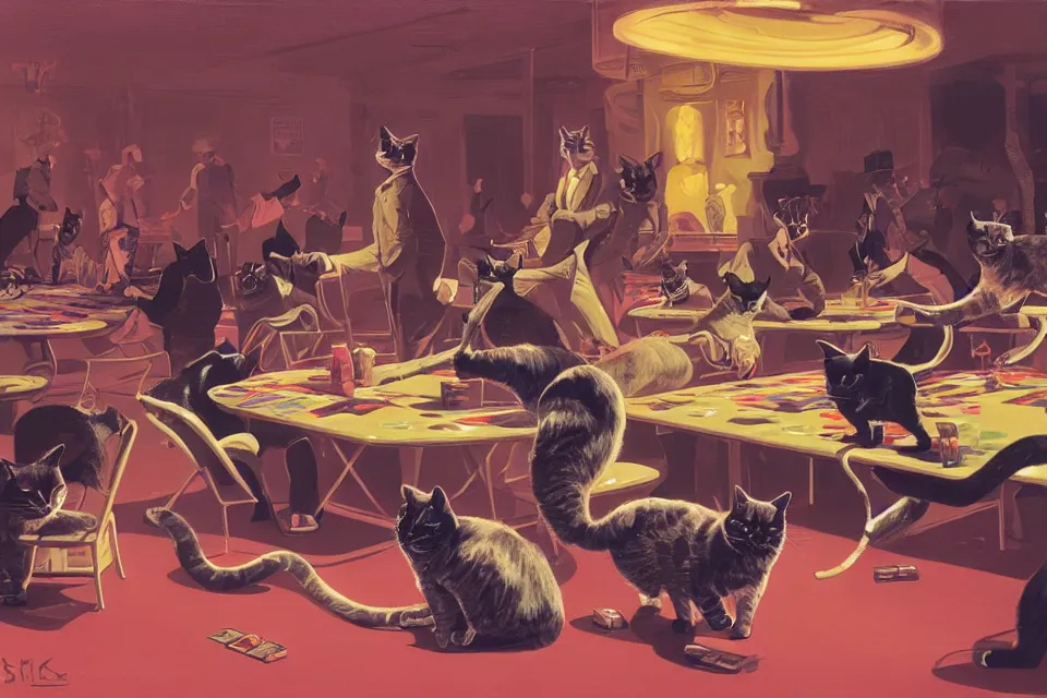 Prompt: cats rolling dice with the rats, neon ballroom, by syd mead, john kricfalusi