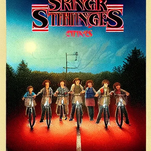 Prompt: Stranger things, extremely detailed masterpiece, illustration, by Michael Sowa